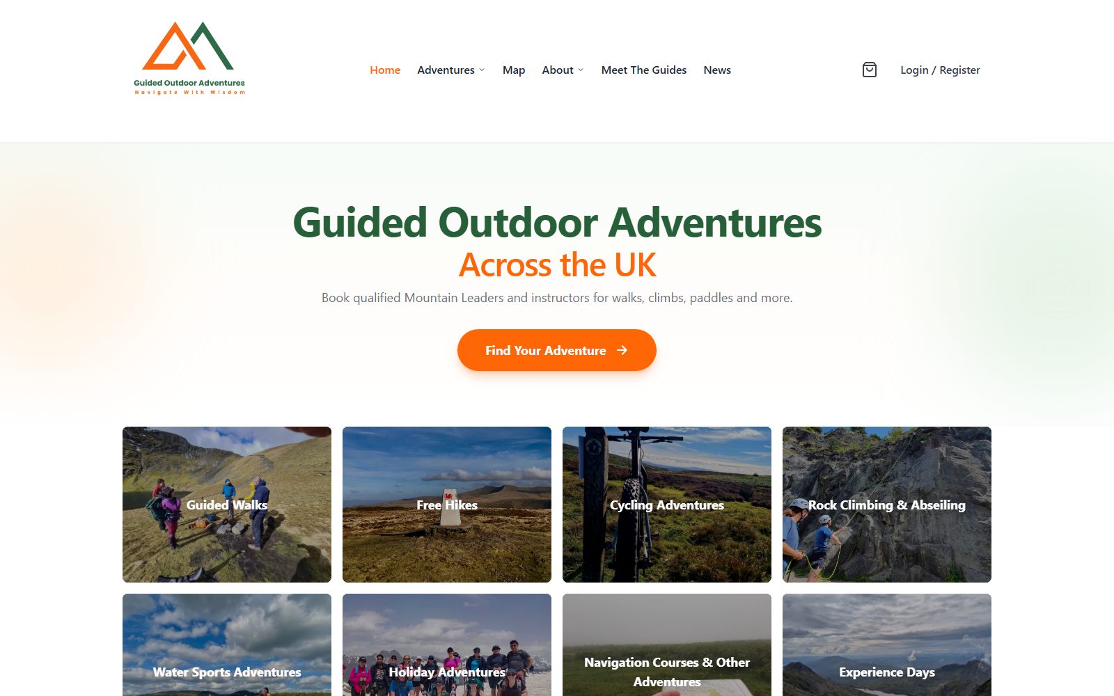 Guided Outdoor Adventures — homepage of the live booking site